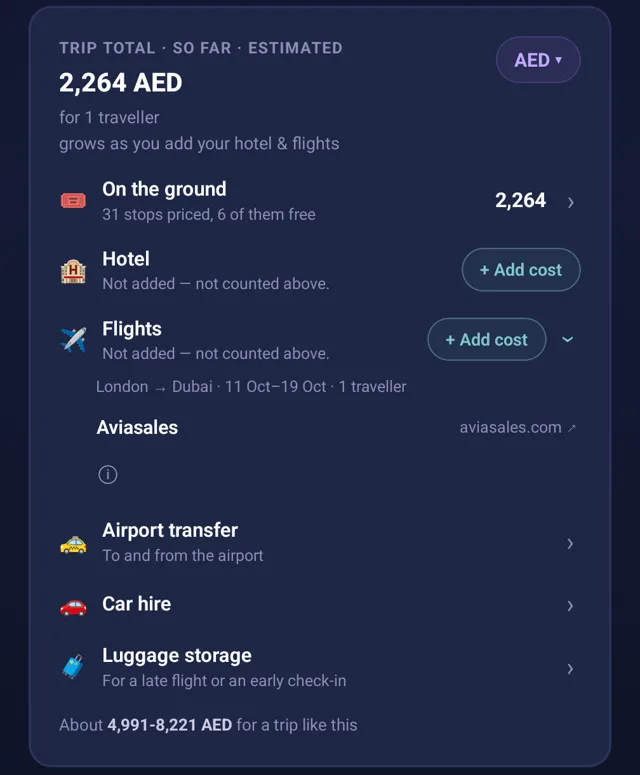 The Brimm budget: the trip's total and a list of sites to book flights on
